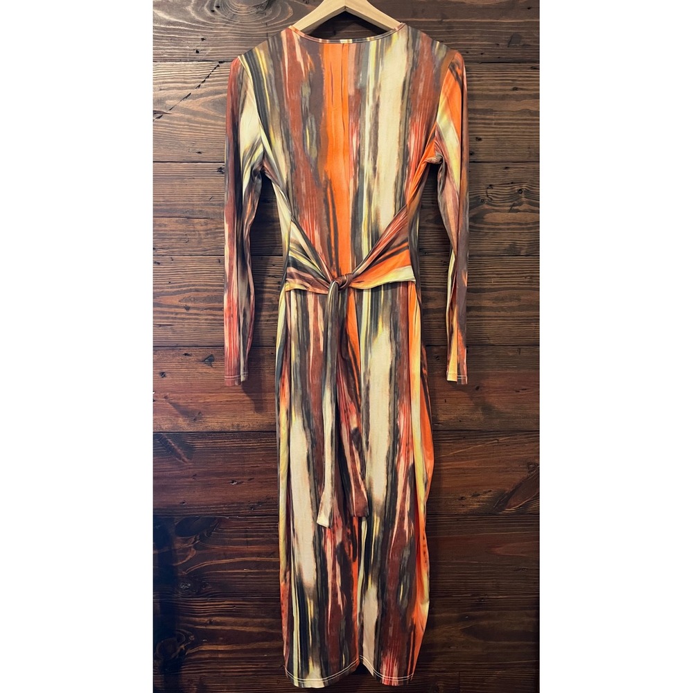 Abstract Stripe Maxi Dress Womens XL Orange Brown Long Sleeve Boho 70s Artsy - Picture 3 of 10